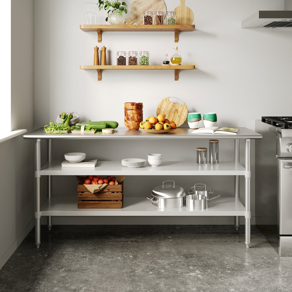 24x72 Portable Prep and Work Table with Top Shelf and 2 Adjustable Undershelves. Picture 3