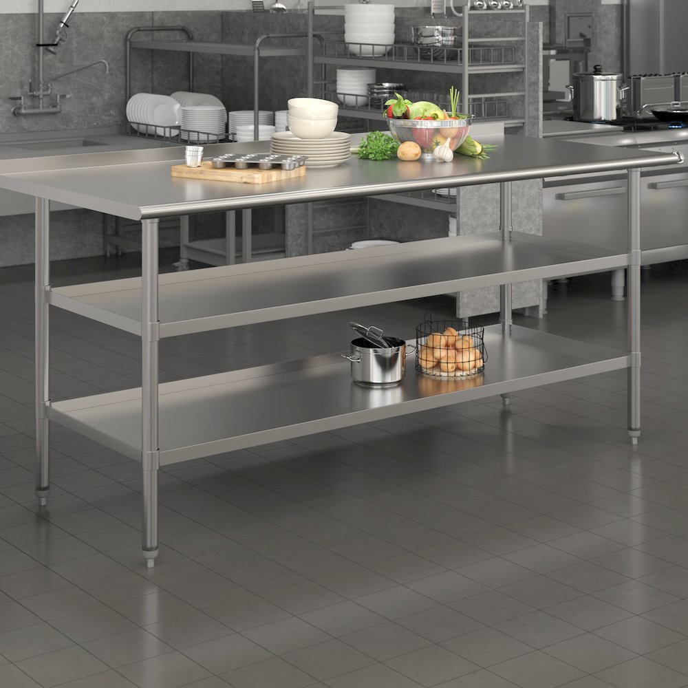l Stainless Steel 18 Gauge Work Table with 1.5" Backsplash and 2 Undershelves. Picture 2