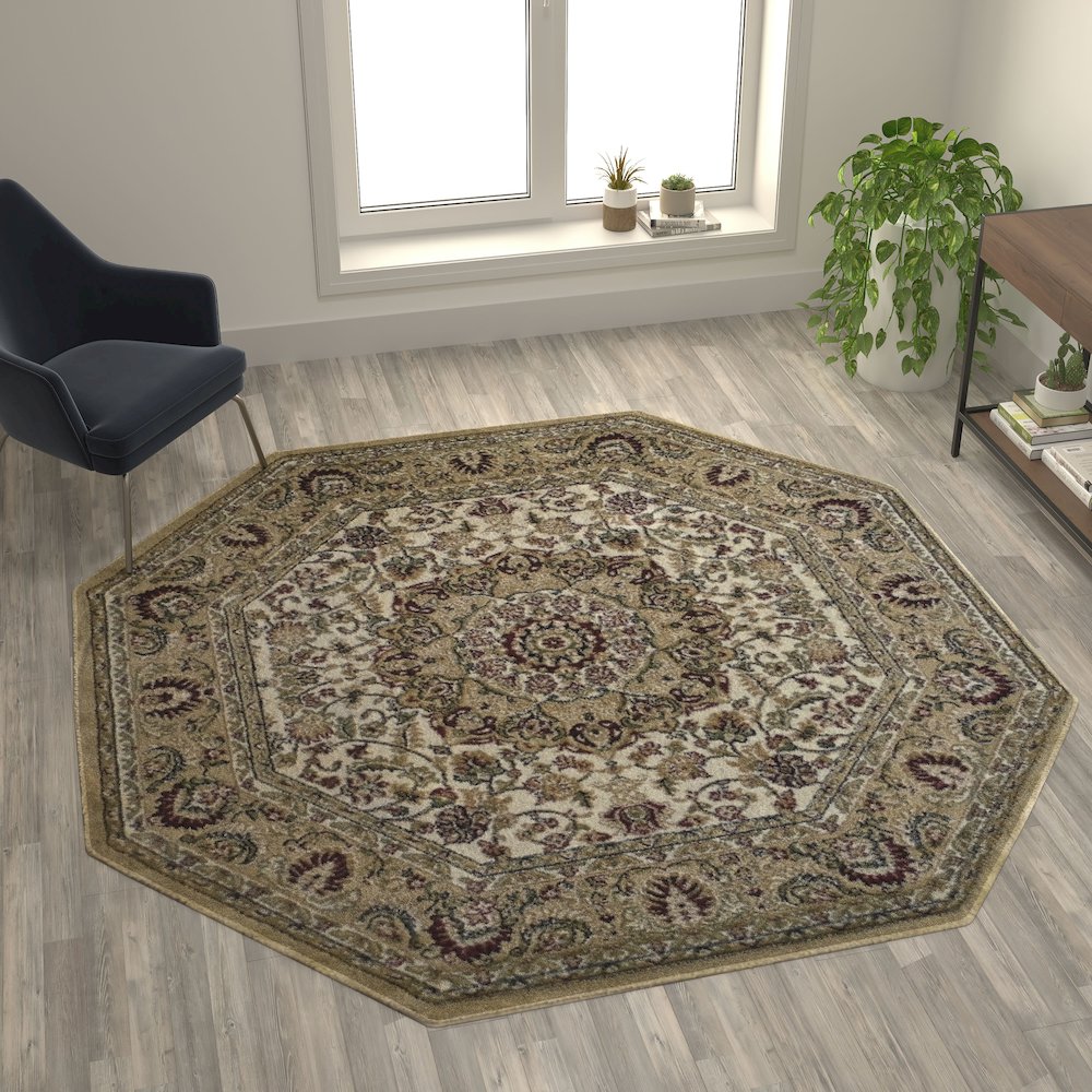 Medallion Motif 7' x 7' Octagonal Area Rug for Living Room or Bedroom. Picture 5