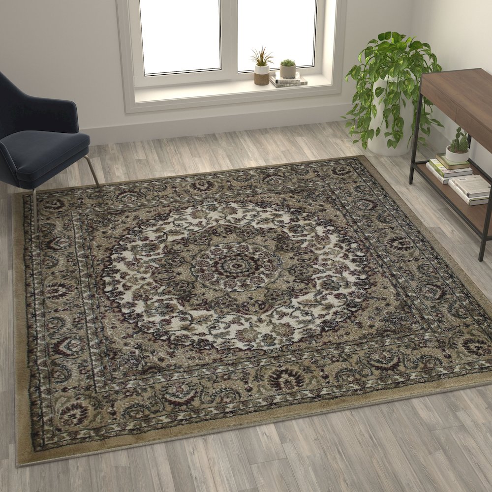 Medallion Motif 7' x 7' Square Area Rug for Living Room or Bedroom. Picture 5