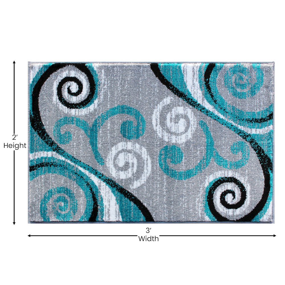 2' x 3' Turquoise Abstract Area Rug - Olefin Rug with Jute Backing. Picture 4
