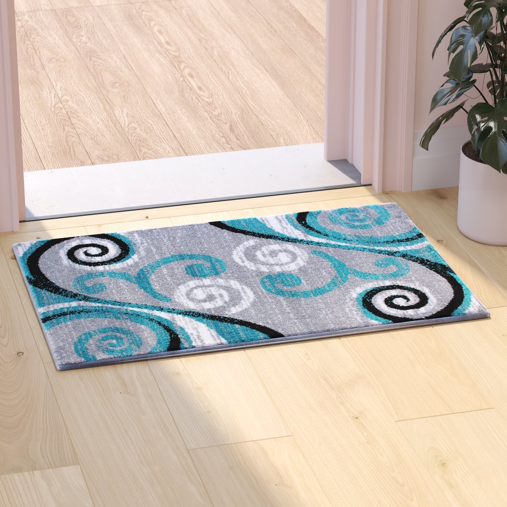 2' x 3' Turquoise Abstract Area Rug - Olefin Rug with Jute Backing. Picture 2