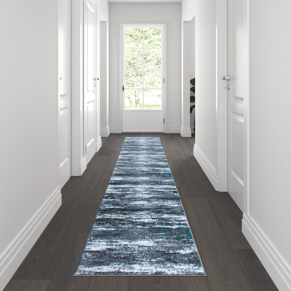 2' x 11' Distressed Turquoise Olefin Area Rug for Entryway, Living Room, Bedroom. Picture 2