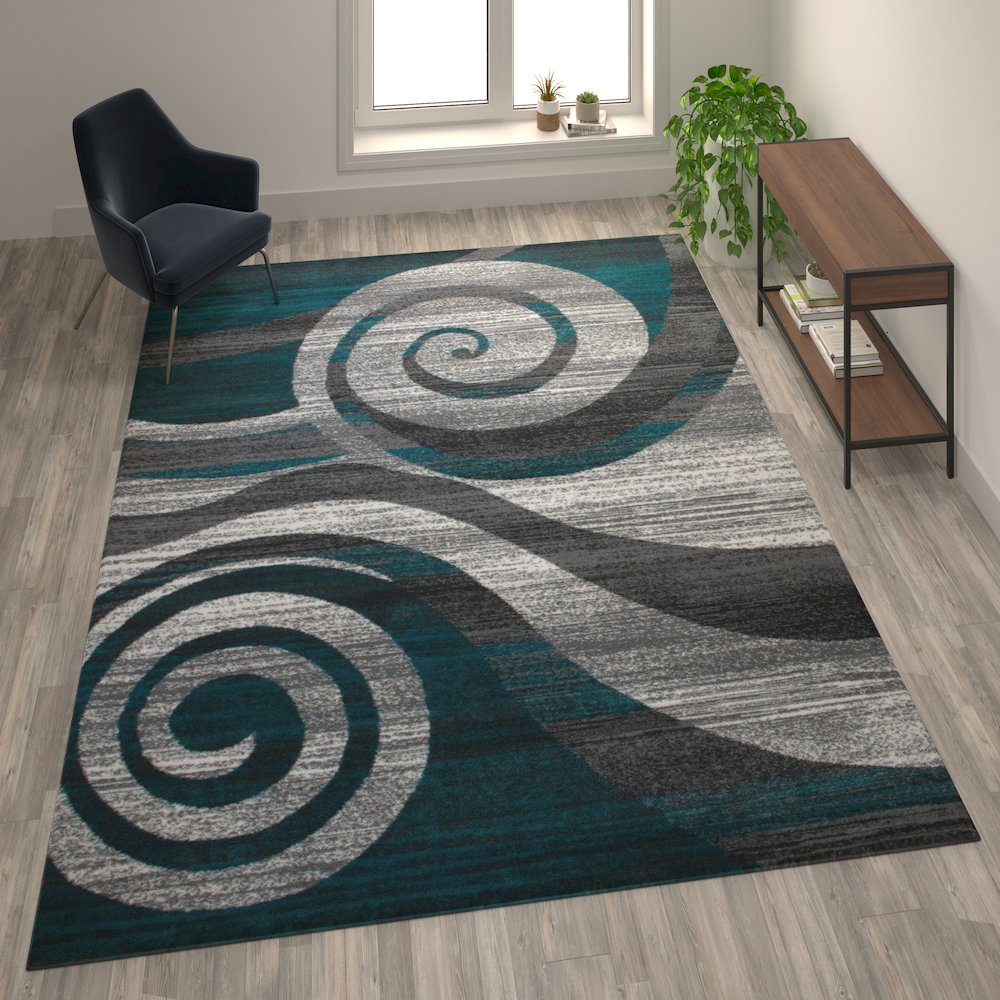 8' x 10' Turquoise Swirl Olefin Area Rug for Entryway, Living Room, Bedroom. Picture 2