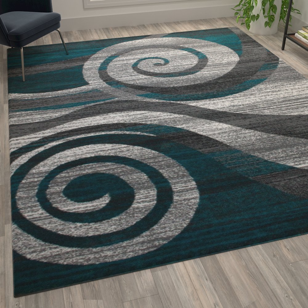 8' x 10' Turquoise Swirl Olefin Area Rug for Entryway, Living Room, Bedroom. Picture 5