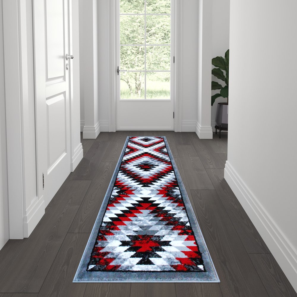 Southwestern 2' x 7' Red Area Rug - Olefin Rug with Jute Backing. Picture 2