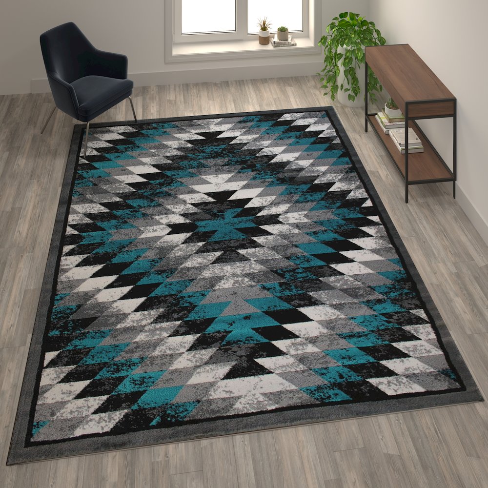 Southwestern 8' x 10' Turquoise Area Rug - Olefin Rug with Jute Backing. Picture 2