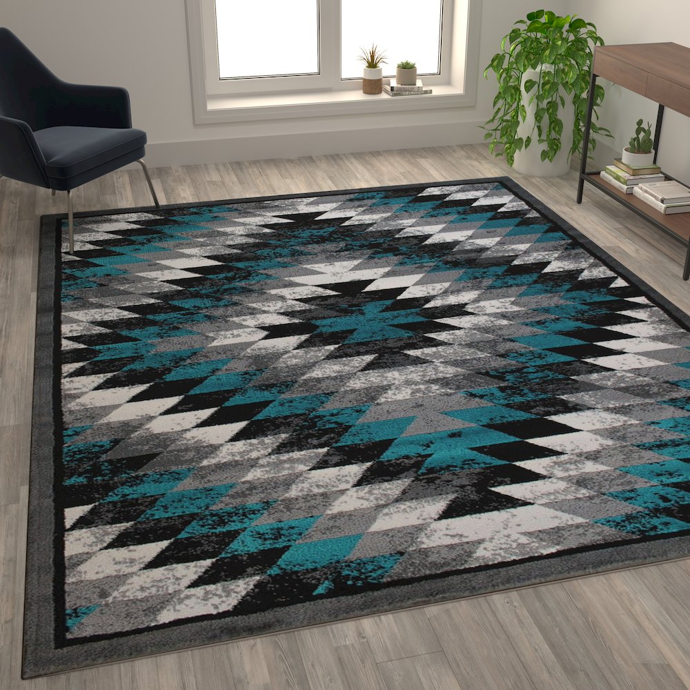 Southwestern 8' x 10' Turquoise Area Rug - Olefin Rug with Jute Backing. Picture 5