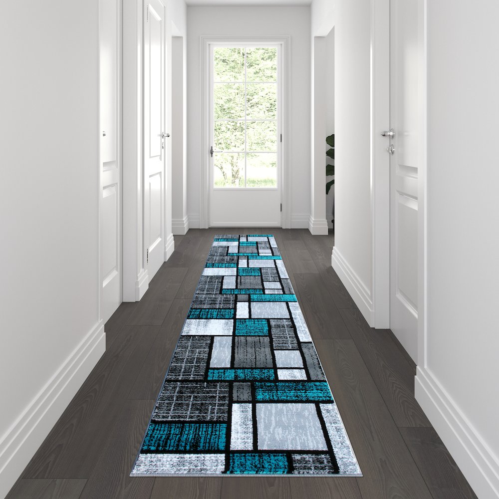 2' x 11' Turquoise Color Bricked Olefin Area Rug. Picture 2