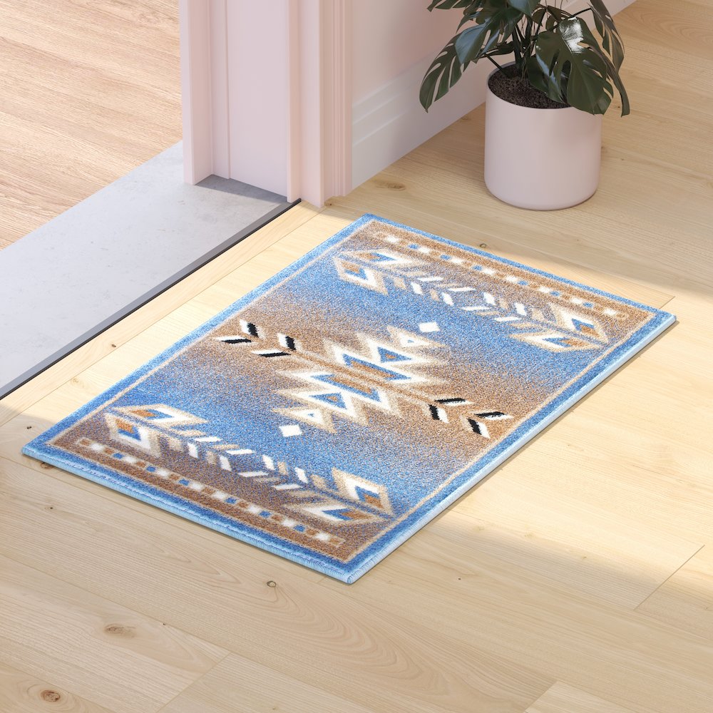Southwestern 2' x 3' Blue Area Rug - Olefin Rug. Picture 5