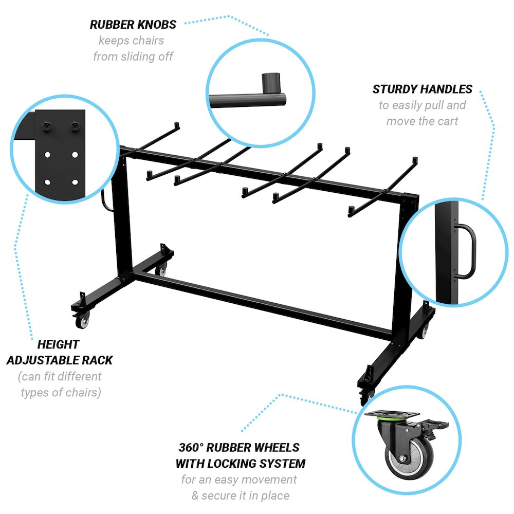 Hawkins Heavy Duty Folding Table and Chairs Mobile Cart-Locking Wheels, Black. Picture 4