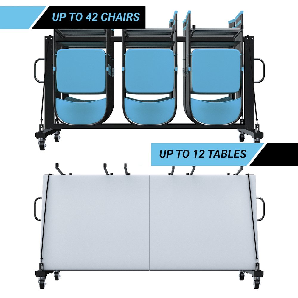 Hawkins Heavy Duty Folding Table and Chairs Mobile Cart-Locking Wheels, Black. Picture 13