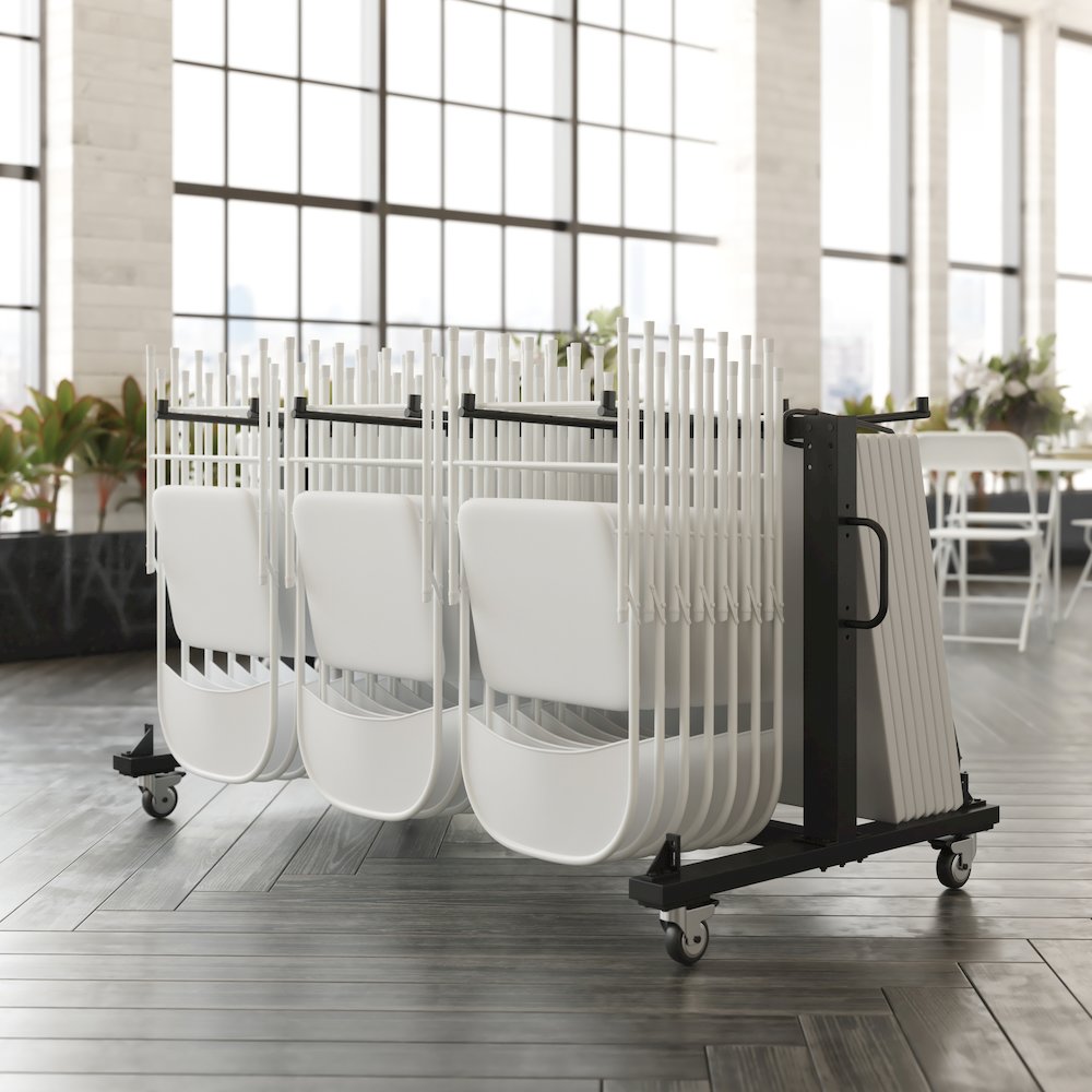 Hawkins Heavy Duty Folding Table and Chairs Mobile Cart-Locking Wheels, Black. Picture 7