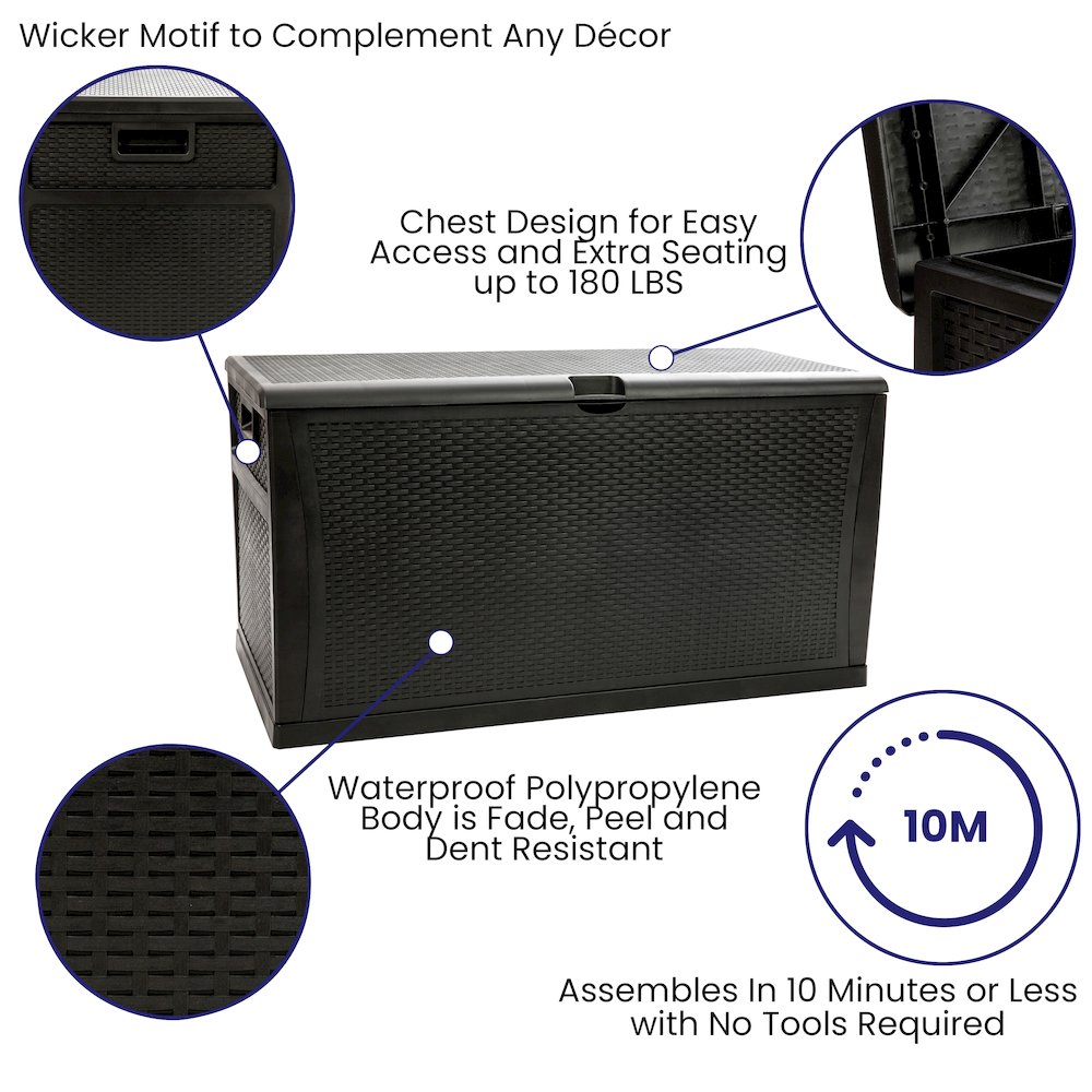 120 Gallon Plastic Deck Box - Waterproof Storage Box, Black. Picture 4