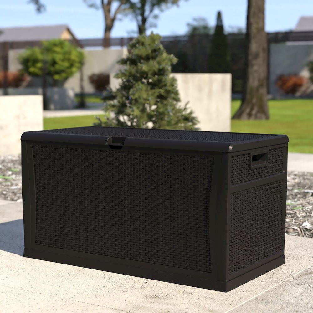 120 Gallon Plastic Deck Box - Waterproof Storage Box, Black. Picture 2