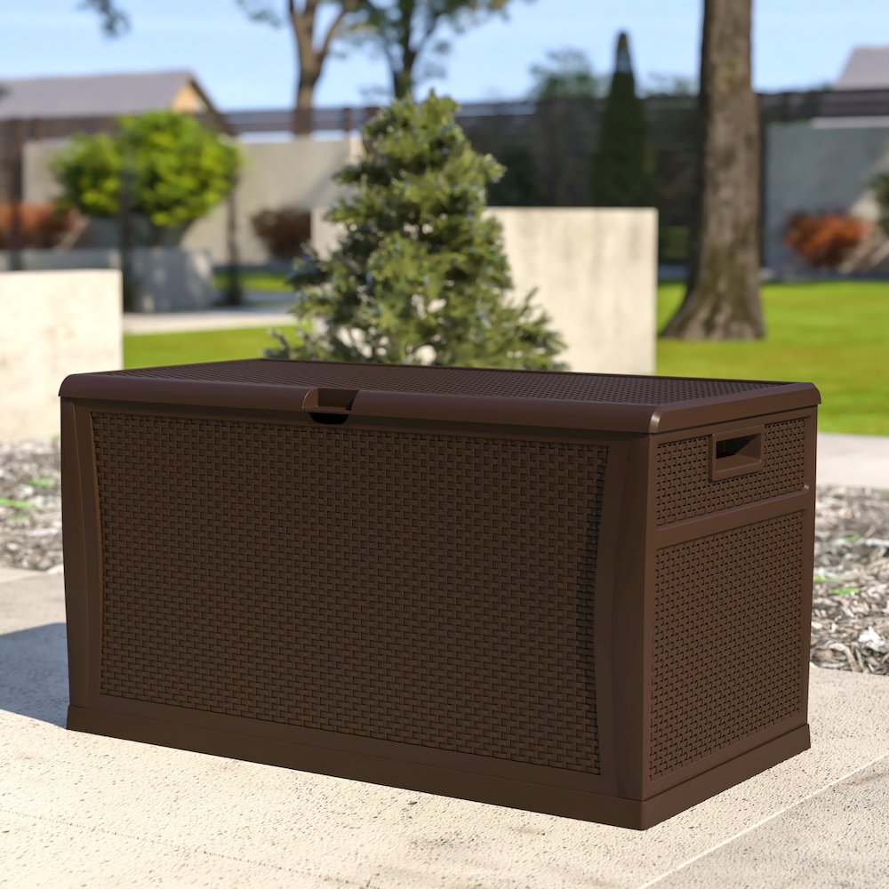 120 Gallon Plastic Deck Box - Waterproof Storage Box, Brown. Picture 2