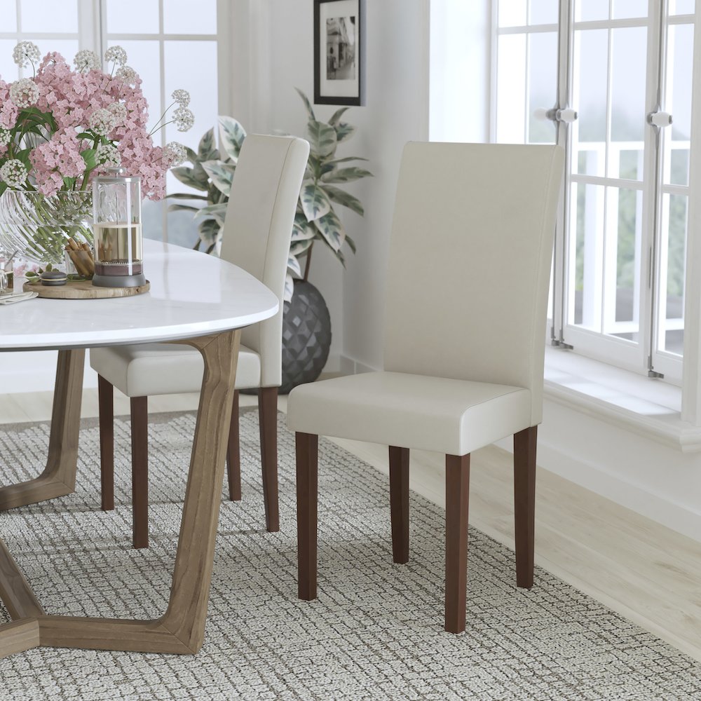 Ivory LeatherSoft Upholstered Panel Back Mid-Century Parsons Dining Chair. Picture 2