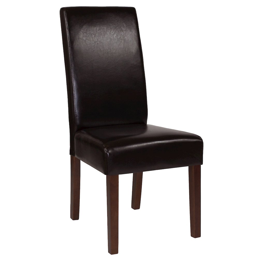 Brown LeatherSoft Upholstered Panel Back Mid-Century Parsons Dining Chair. Picture 1