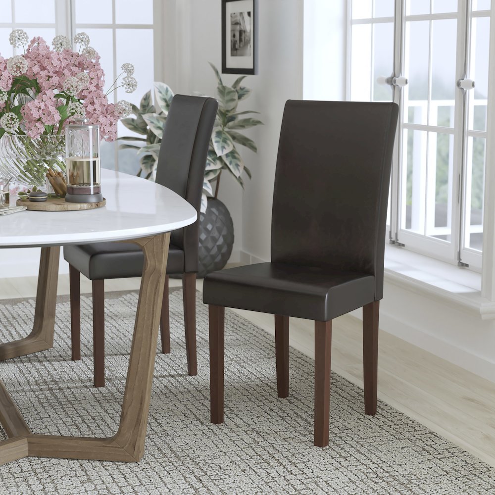 Brown LeatherSoft Upholstered Panel Back Mid-Century Parsons Dining Chair. Picture 2