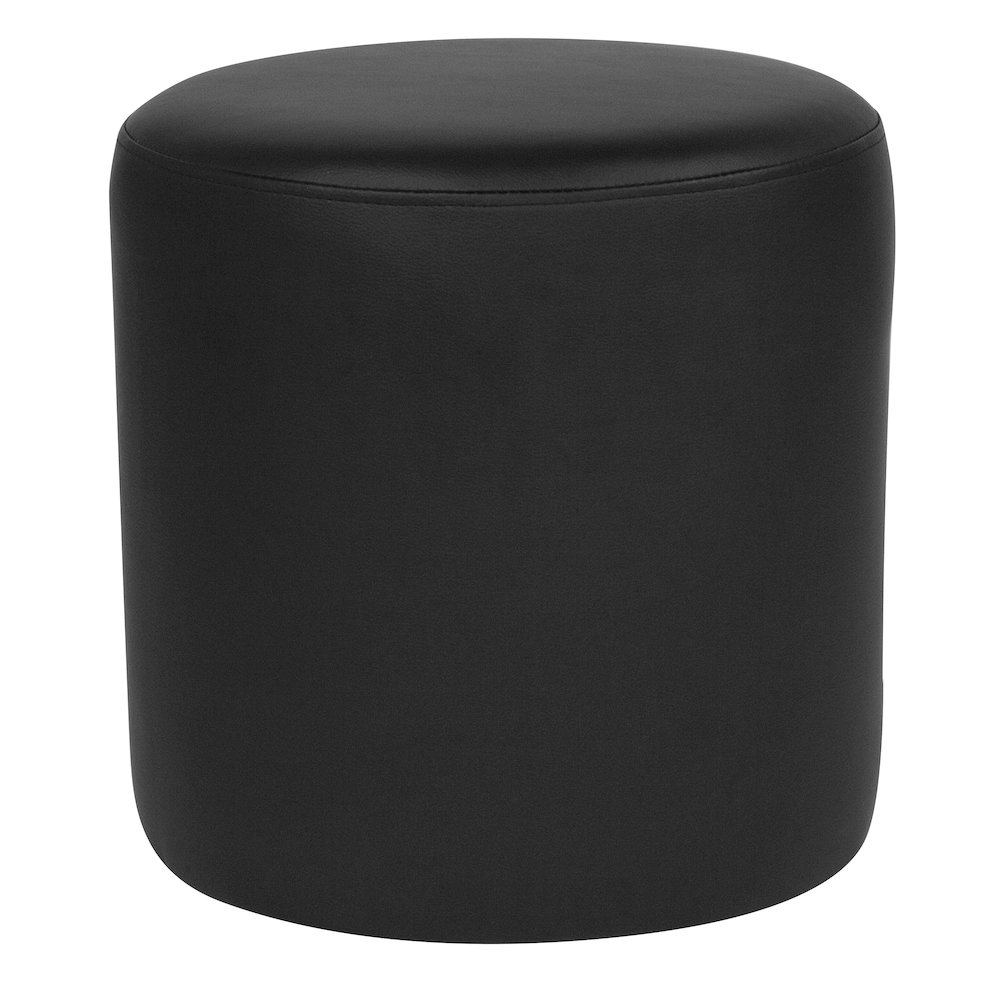 Upholstered Round Ottoman Pouf in Black LeatherSoft. Picture 1