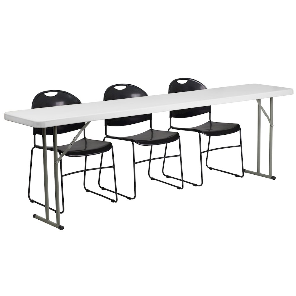 8-Foot Plastic Folding Training Table Set with 3 Black Plastic Stack Chairs. Picture 1