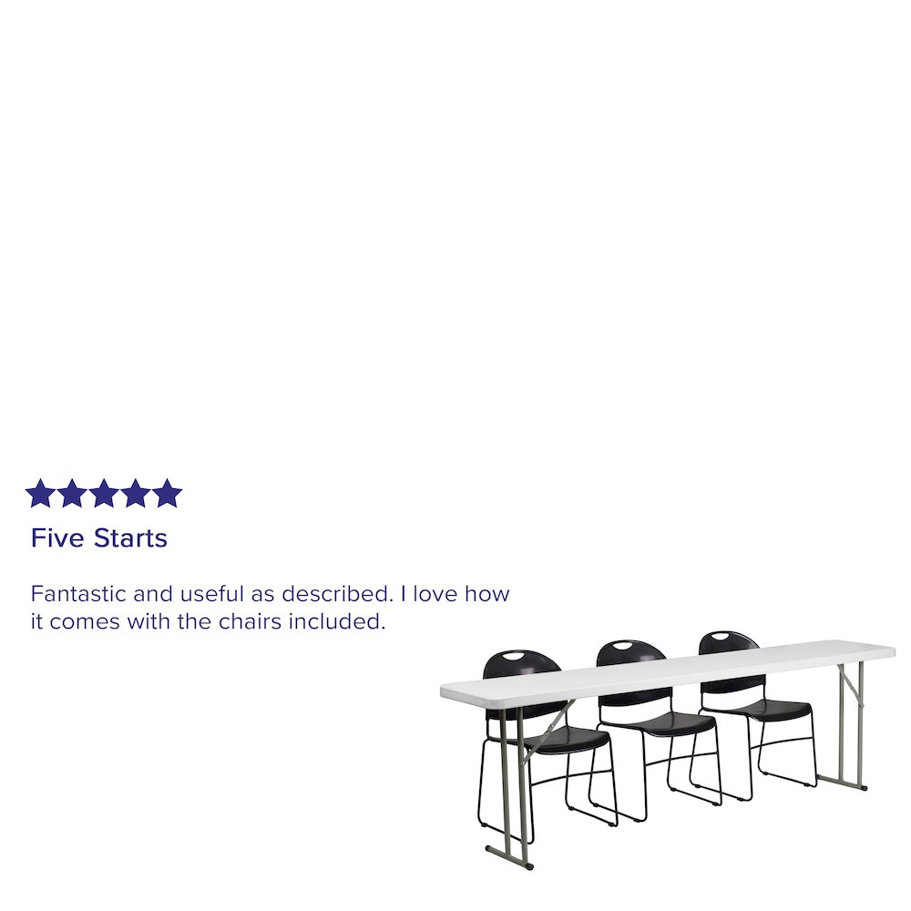 8-Foot Plastic Folding Training Table Set with 3 Black Plastic Stack Chairs. Picture 3