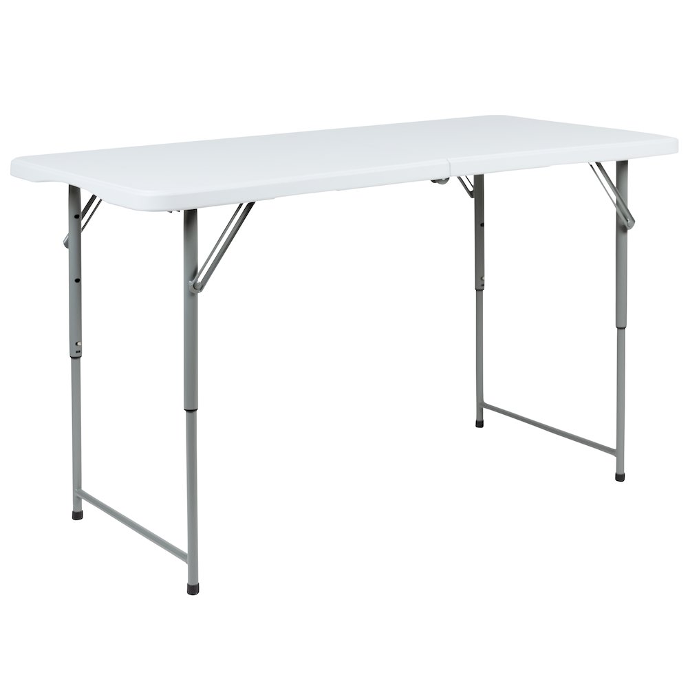 4-Foot Height Adjustable Bi-Fold Granite White Plastic Folding Table. Picture 1