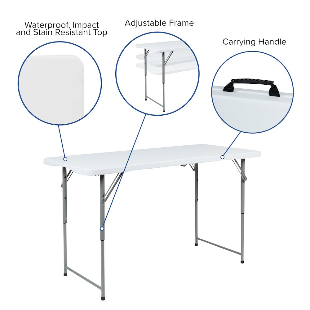4-Foot Height Adjustable Bi-Fold Granite White Plastic Folding Table. Picture 5