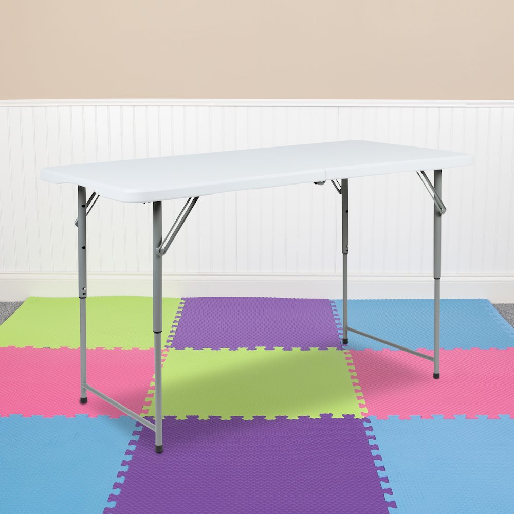 4-Foot Height Adjustable Bi-Fold Granite White Plastic Folding Table. Picture 2