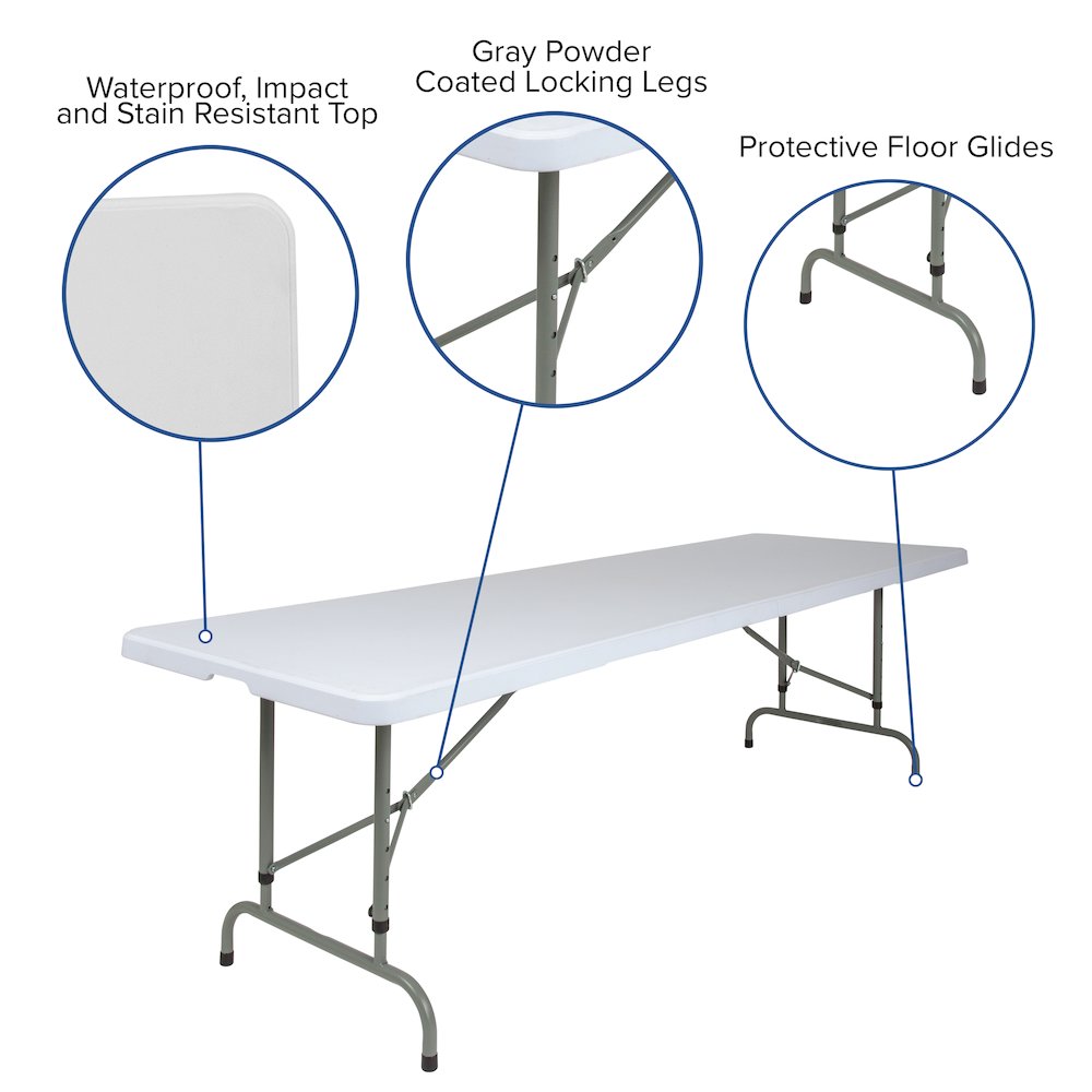 8-Foot Height Adjustable Granite White Plastic Folding Table. Picture 5