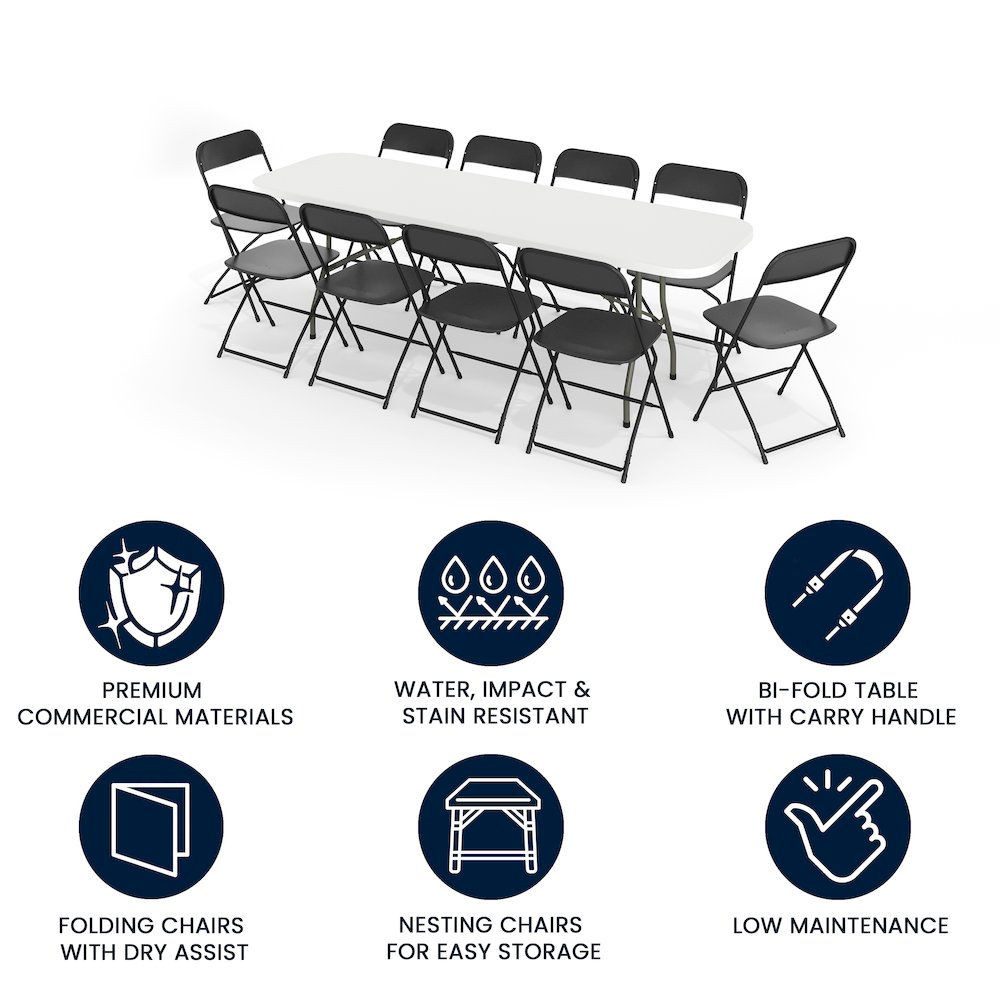 8' Granite White Plastic Event/Training Folding Table Set with 10 Folding Chairs. Picture 4