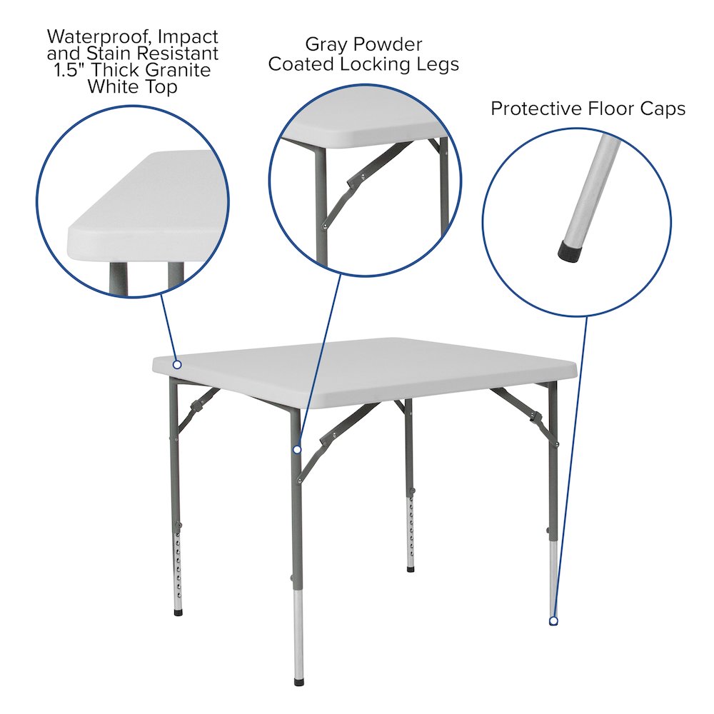 2.79-Foot Square Height Adjustable Granite White Plastic Folding Table. Picture 5