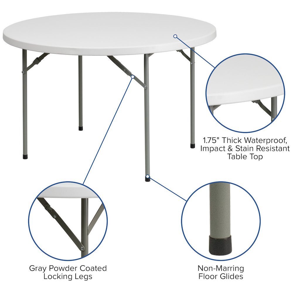 4-Foot Round Granite White Plastic Folding Table. Picture 4