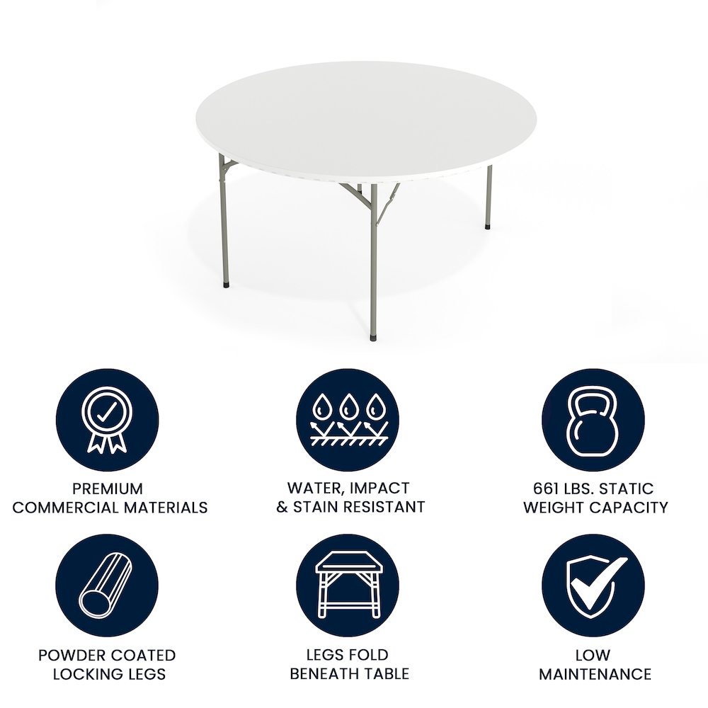 5-Foot Round Granite White Plastic Folding Table, Round Table for 8 Guests. Picture 5