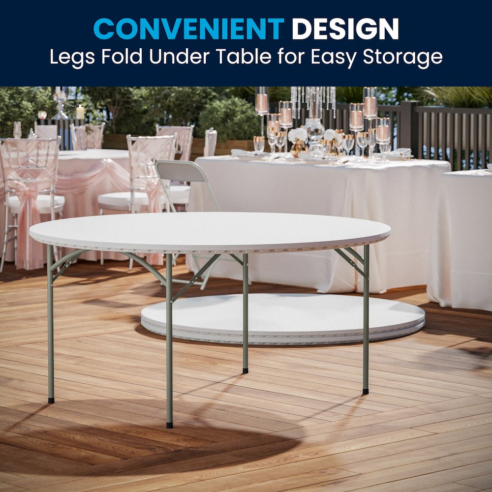 5-Foot Round Granite White Plastic Folding Table. Picture 4