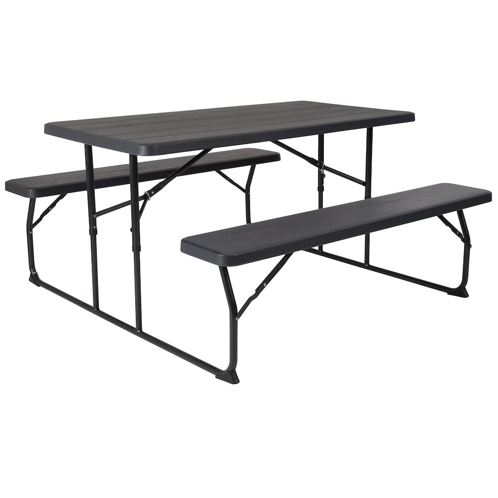 Charcoal Wood Grain Folding Picnic Table and Benches - 4.5 Foot Folding Table. Picture 1