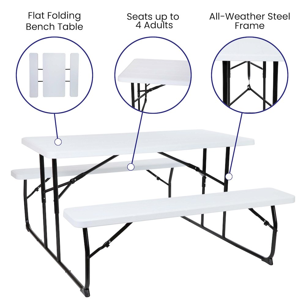 White Wood Grain Folding Picnic Table and Benches - 4.5 Foot Folding Table. Picture 4