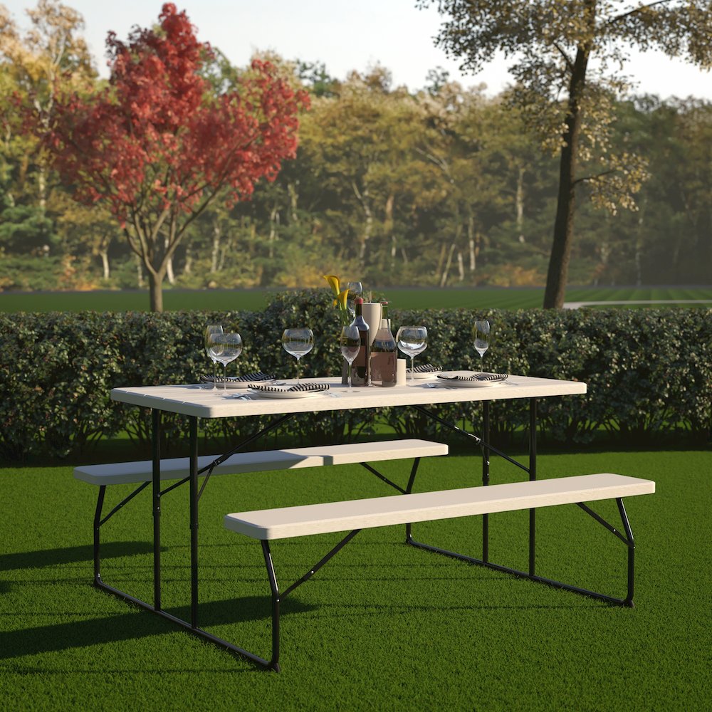 White Wood Grain Folding Picnic Table and Benches - 4.5 Foot Folding Table. Picture 2