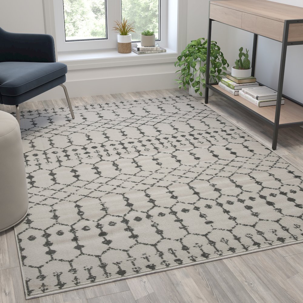 Geometric Bohemian Low Pile Rug - 5' x 7' -Ivory/Gray Polyester. Picture 2