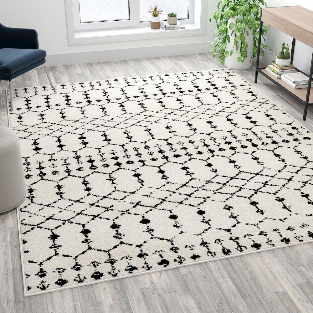 Geometric Bohemian Low Pile Rug - 8' x 10' - Ivory/Black. Picture 2