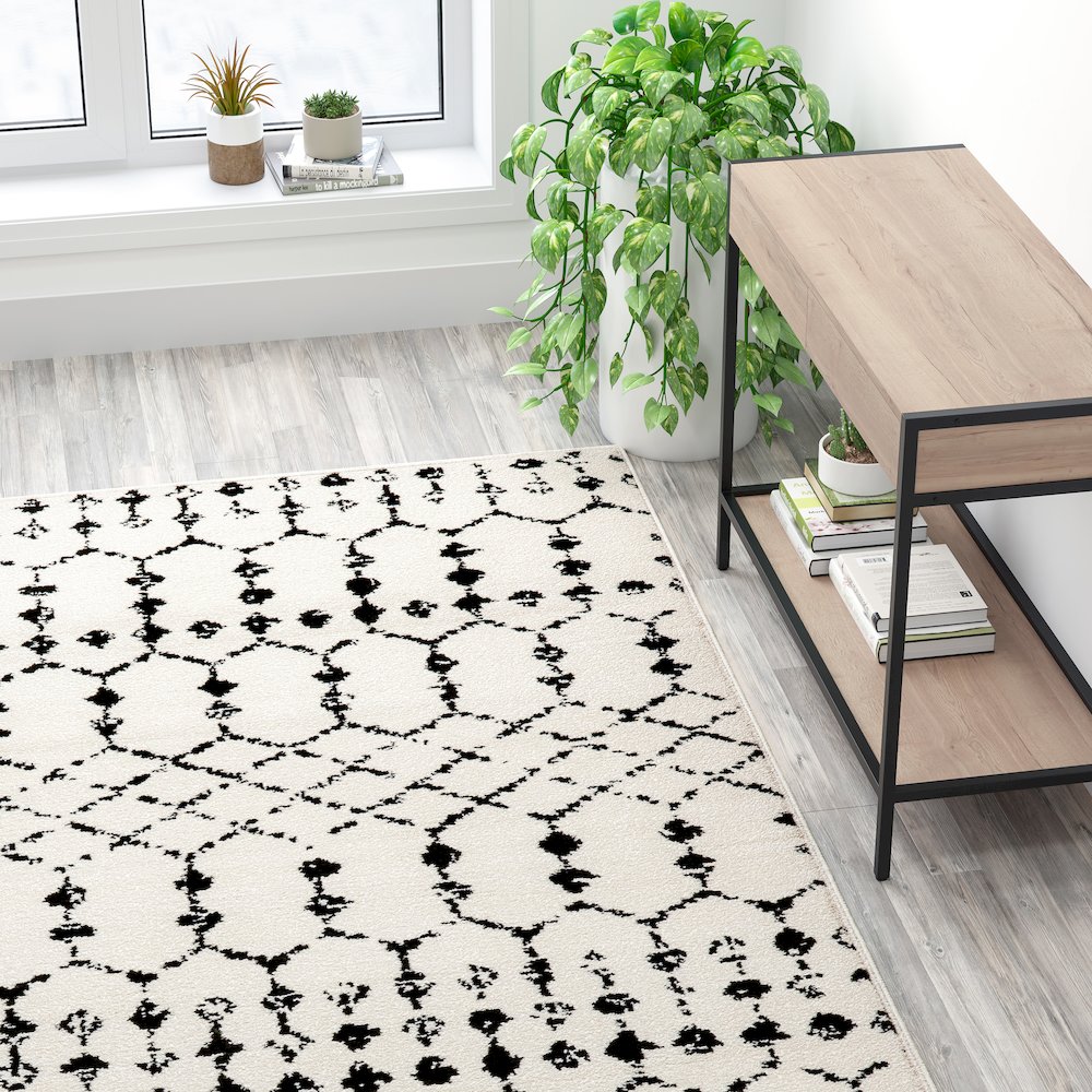 Geometric Bohemian Low Pile Rug - 8' x 10' - Ivory/Black. Picture 6