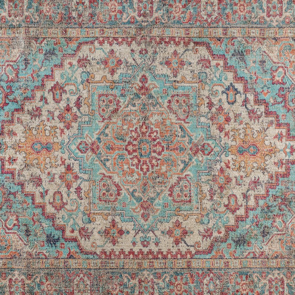 Distressed Vintage Medallion Area Rug - 8' x 10' - Blue Multi Polyester. Picture 7