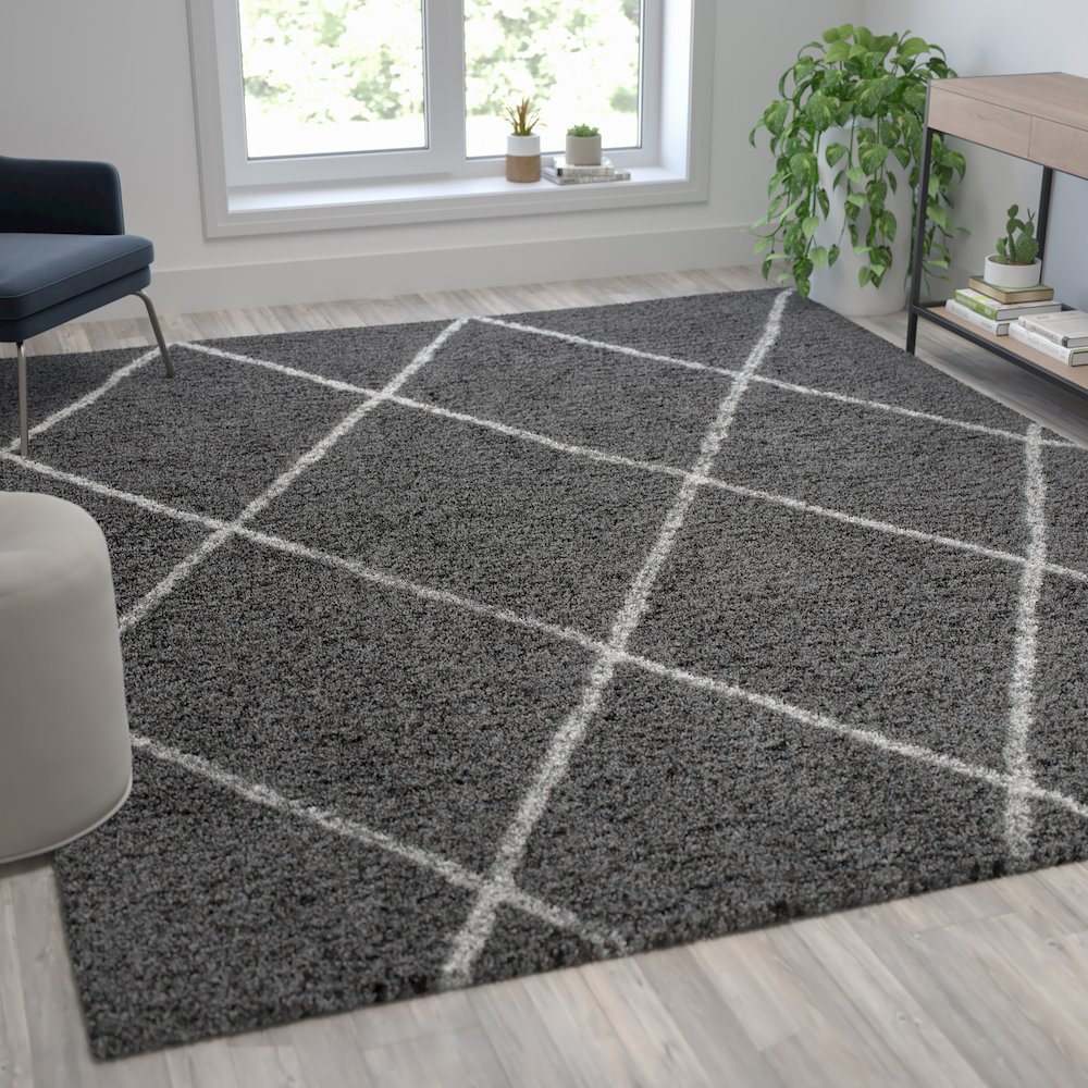 Shag Style Diamond Trellis Area Rug - 8' x 10' - Charcoal/Ivory Polyester (PET). Picture 2