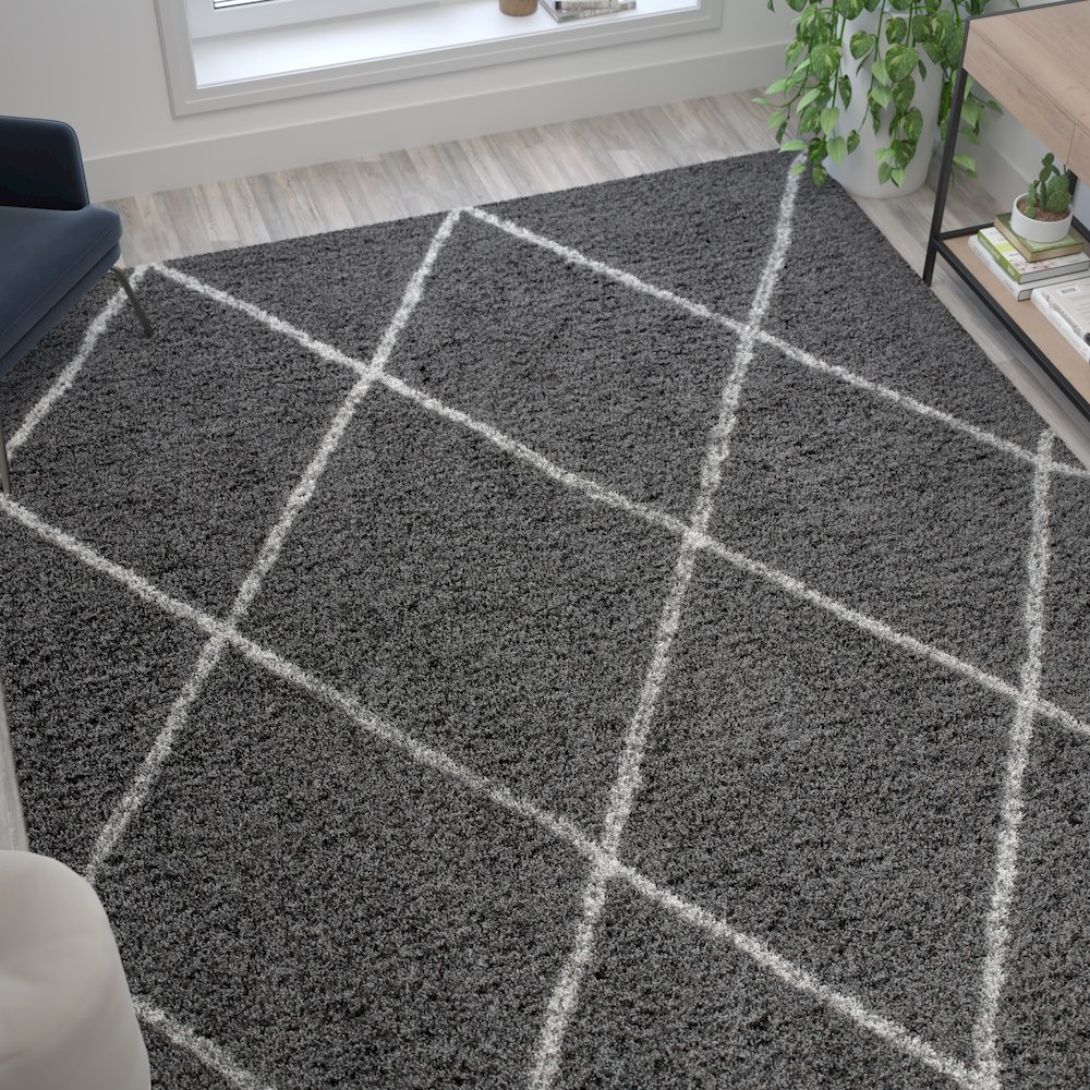 Shag Style Diamond Trellis Area Rug - 8' x 10' - Charcoal/Ivory Polyester (PET). Picture 5
