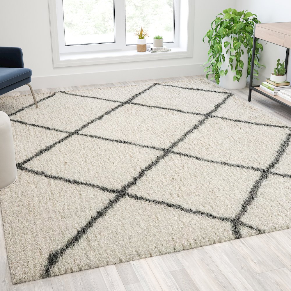 Shag Style Diamond Trellis Area Rug - 8' x 10' - Ivory/Gray Polyester (PET). Picture 2