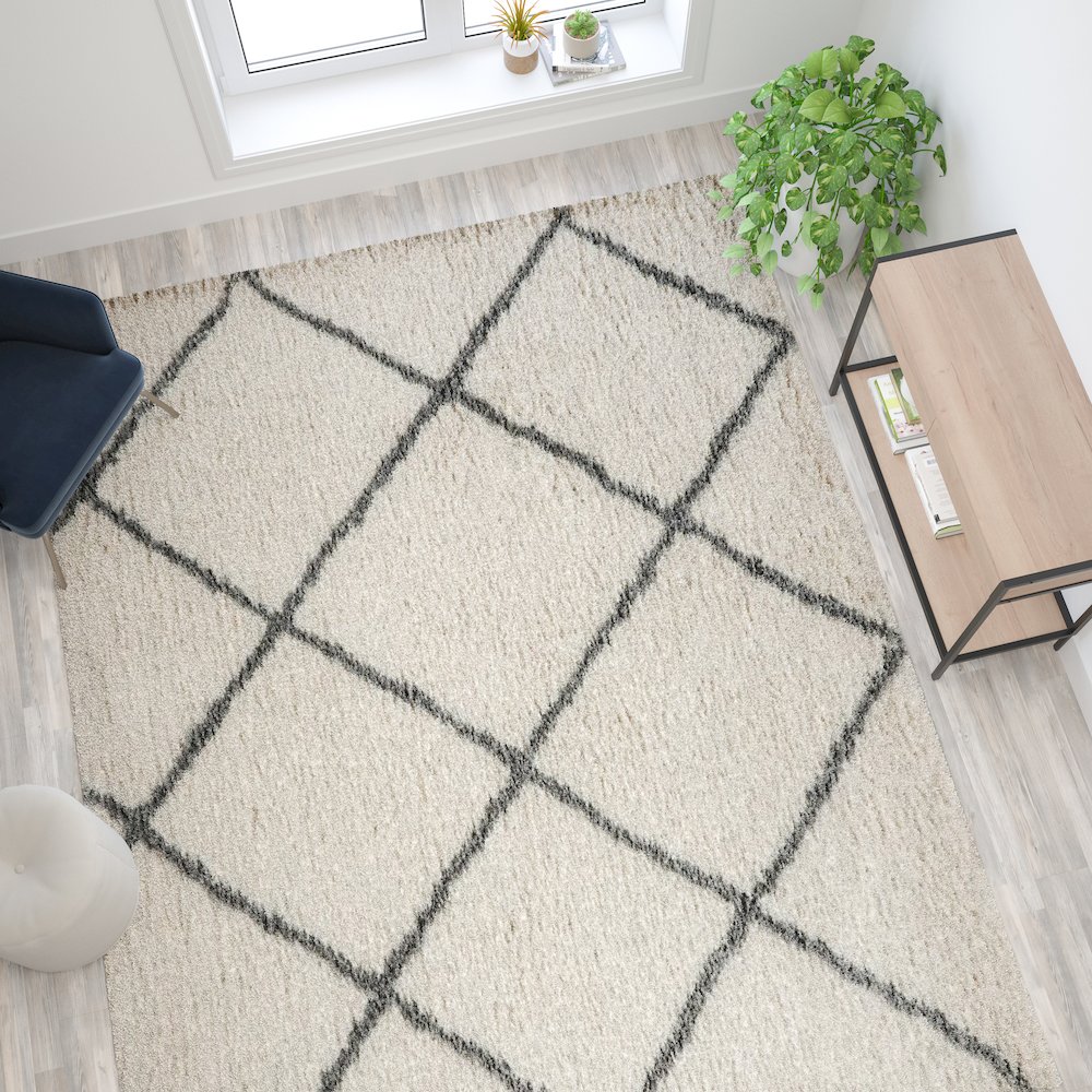 Shag Style Diamond Trellis Area Rug - 8' x 10' - Ivory/Gray Polyester (PET). Picture 5