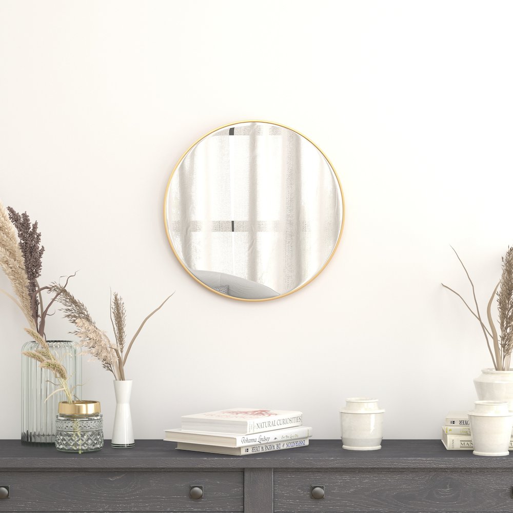 20" Round Gold Metal Framed Wall Mirror. Picture 2