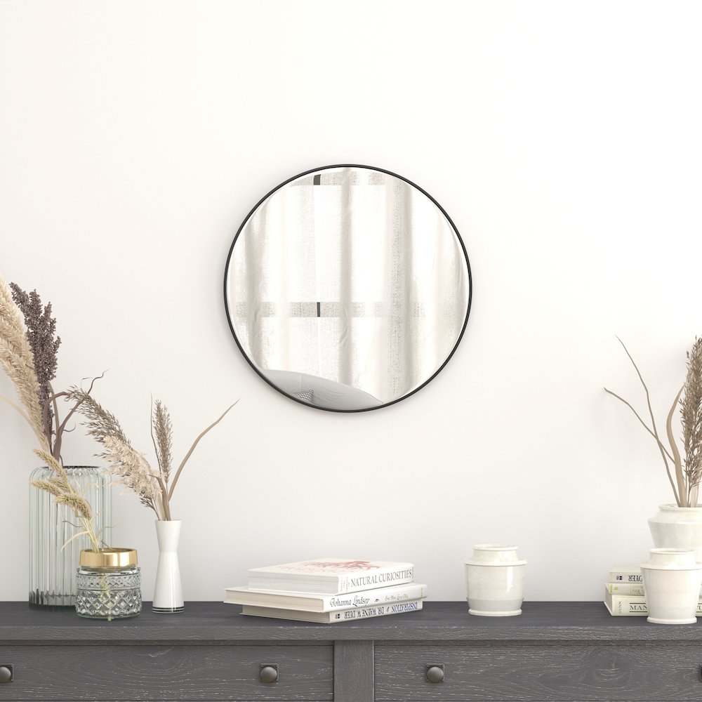 20" Round Black Metal Framed Wall Mirror. Picture 2