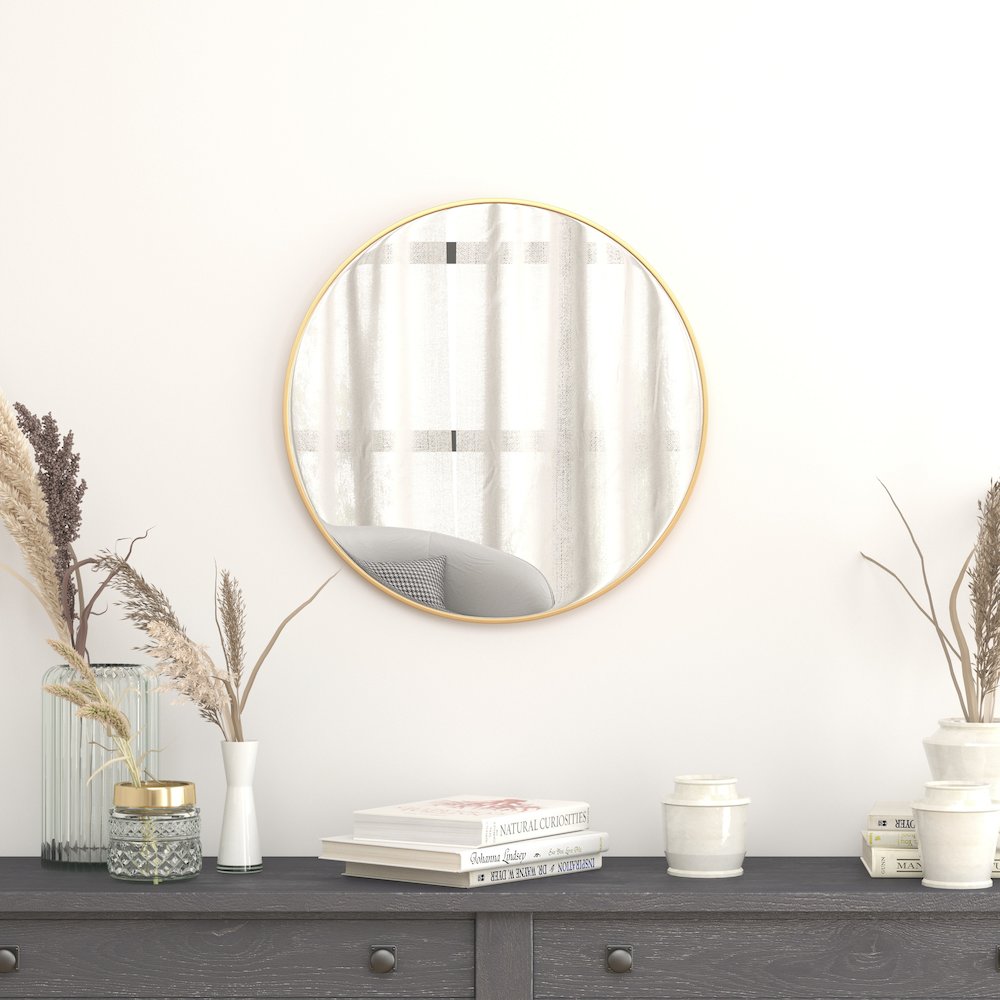24" Round Gold Metal Framed Wall Mirror. Picture 2