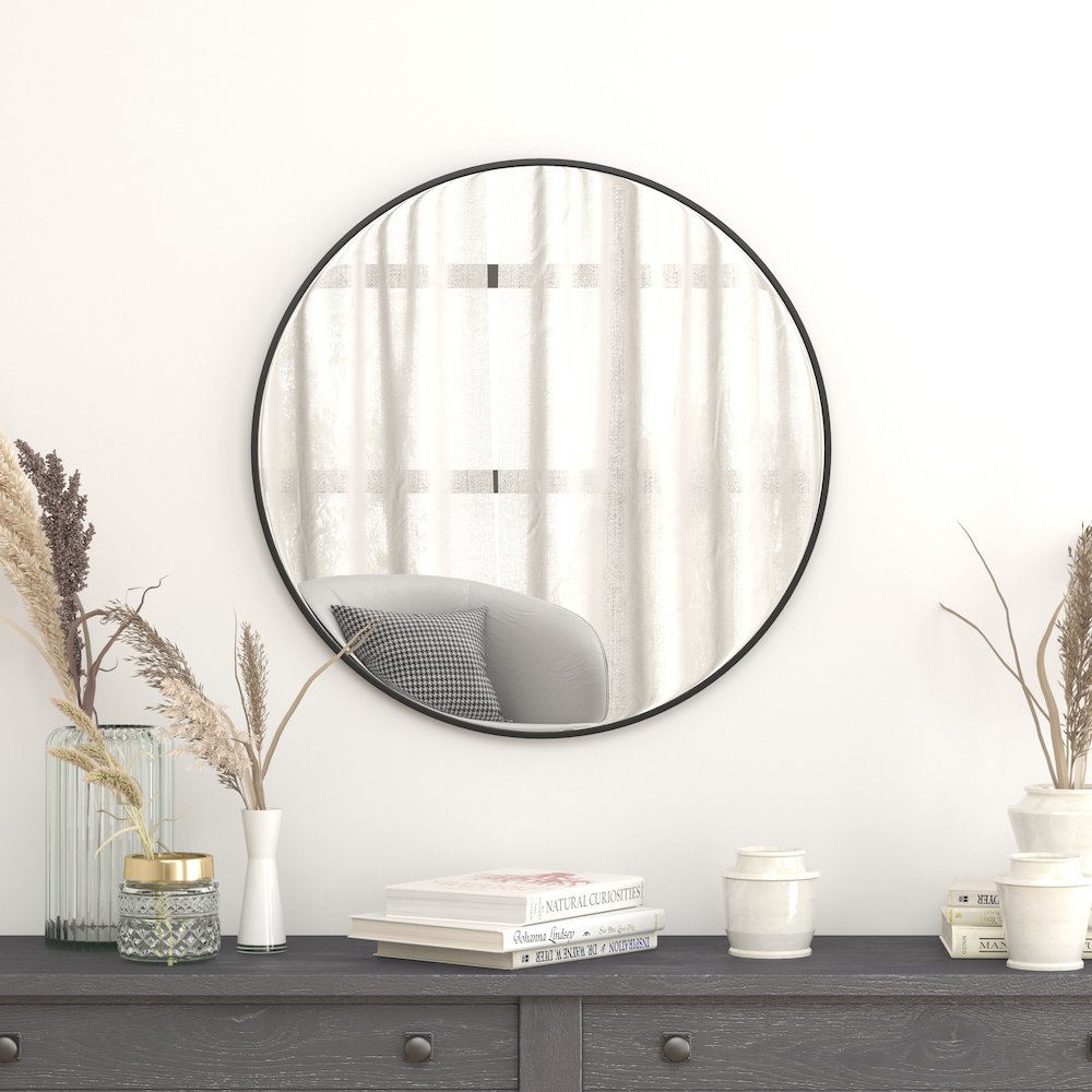 30" Round Black Metal Framed Wall Mirror. Picture 2